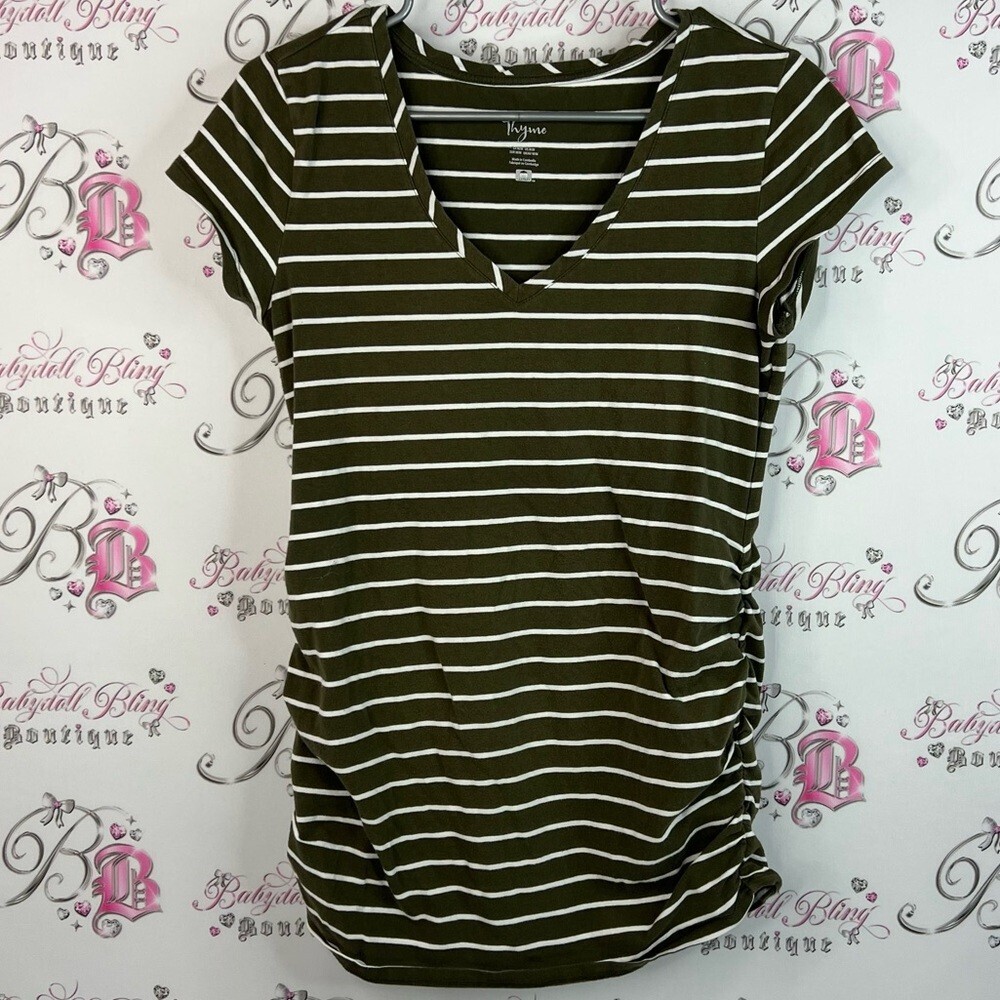 Thyme Maternity tshirt cinch sides Olive and White Striped Short Sleeve Top